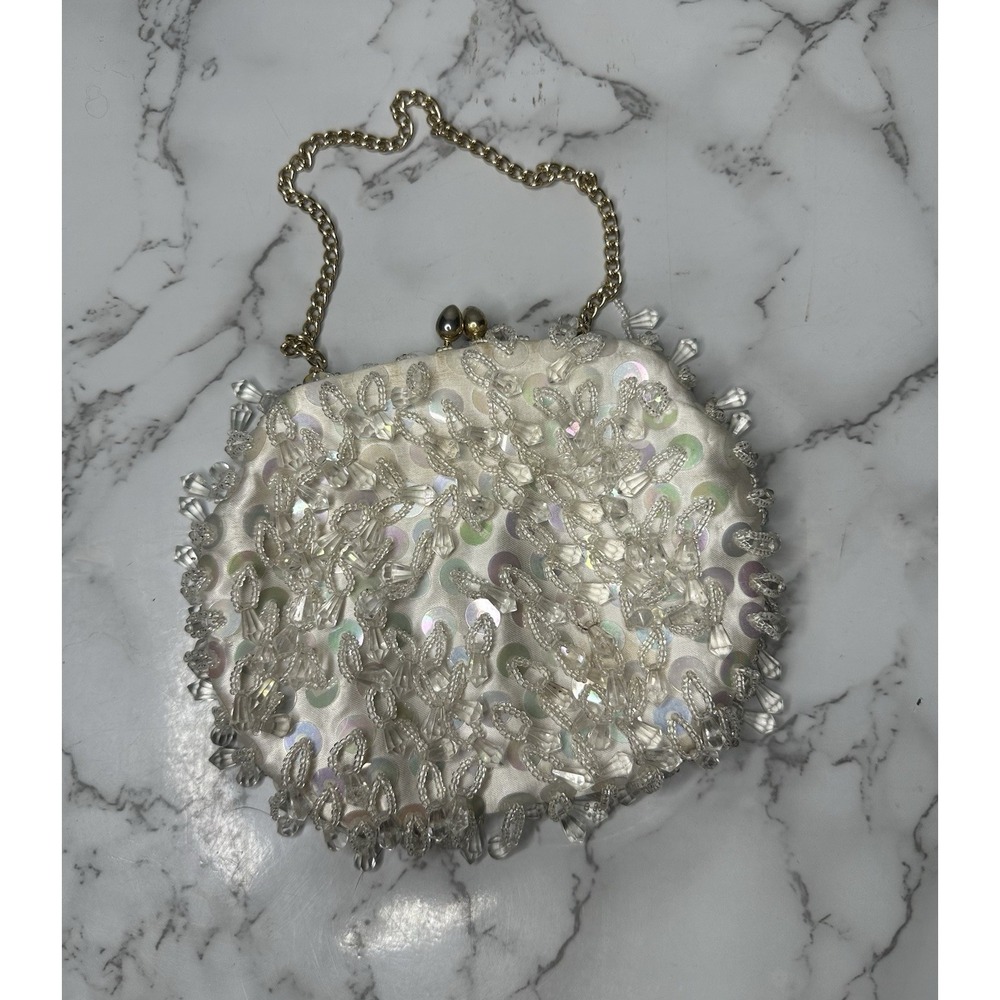 Safco Bag Vintage Ivory Beaded Sequins Evening‎ Bag Gold Snake Chain Kiss Lock